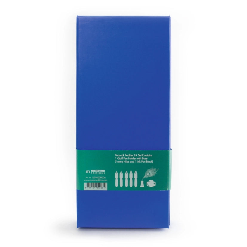 Gift box in blue, with a  green  band  describing the contents of the box which is: % nibs,ink well and feather quill.