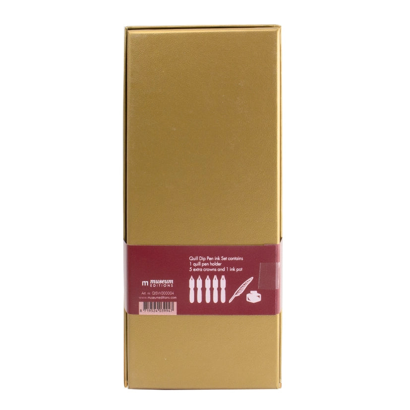 A back view of a gold gift box, a burgundy paper band shows the contents of the box which is five nibs, feather quill and ink