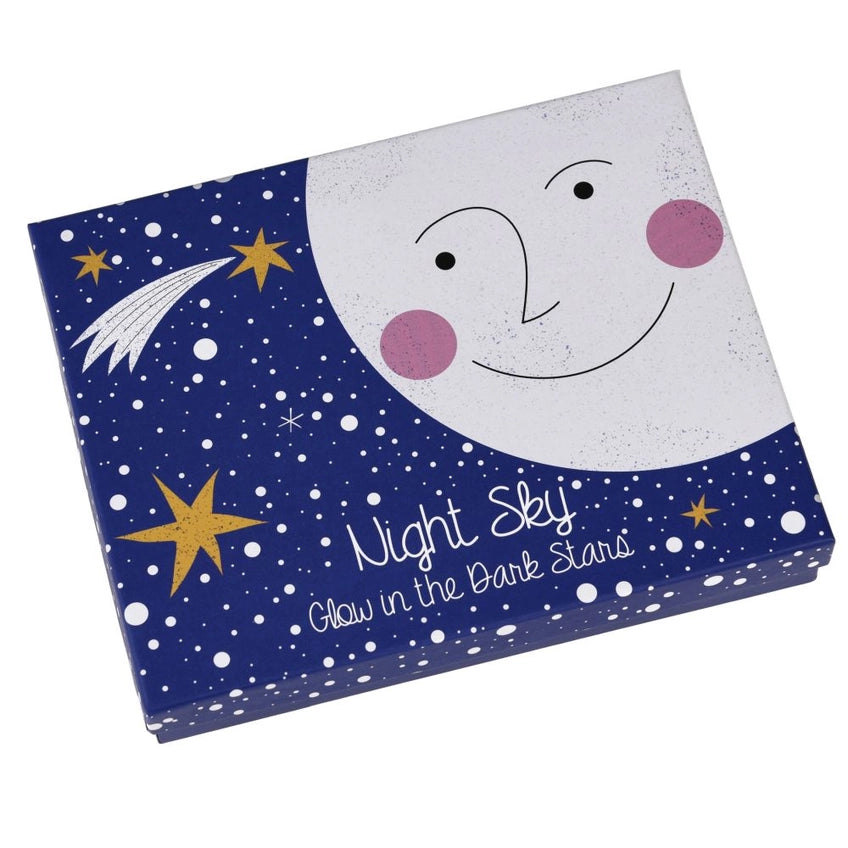 Glow-in-the-dark stars packaging with a moon and stars design on a blue background.