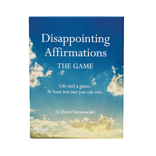 Card game  titled 'Disappointing Affirmations: The Game' by Dave Tarnowski with a blue sky and clouds on the cover.