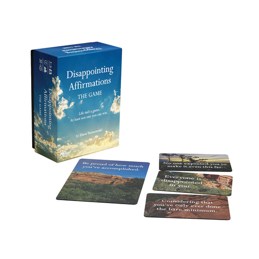 Card game set with 'Disappointing Affirmations' packaging and cards on a white background