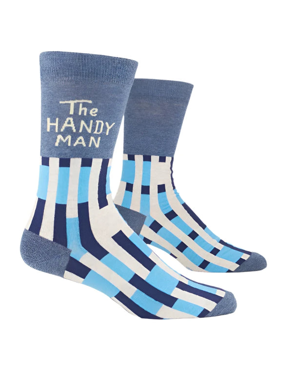 The Handyman men's crew socks Men's shoe size 7-12. 58% combed cotton; 39% nylon; 3% spandex.