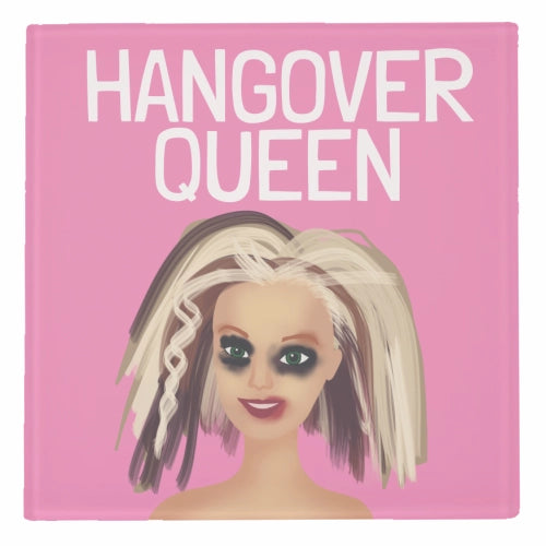 A square canvas print featuring a pink background with the words 'HANGOVER QUEEN' in bold white letters above an illustrated woman with dark eye makeup and a messy blonde-and-brown wig.