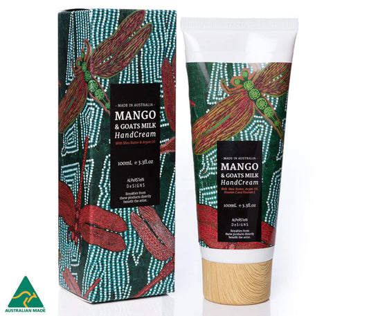 Mango and goats milk hand cream with packaging featuring Aboriginal design on a white background