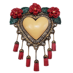 Mexican wall hanging- cream tin heart with flowers with tassels(21x22cm)