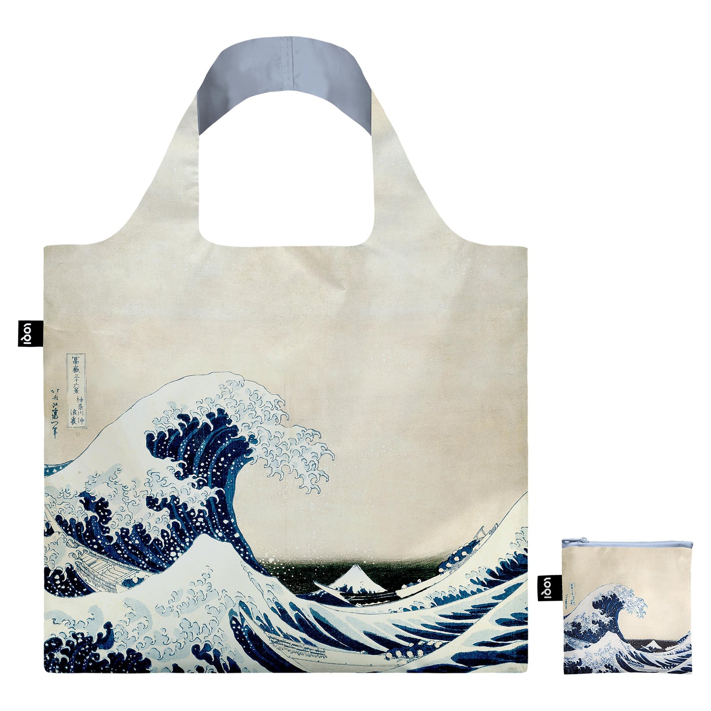 A shopping touch with illustration of a great wave . At its side is a smaller pouch with same diagram, on a white background.