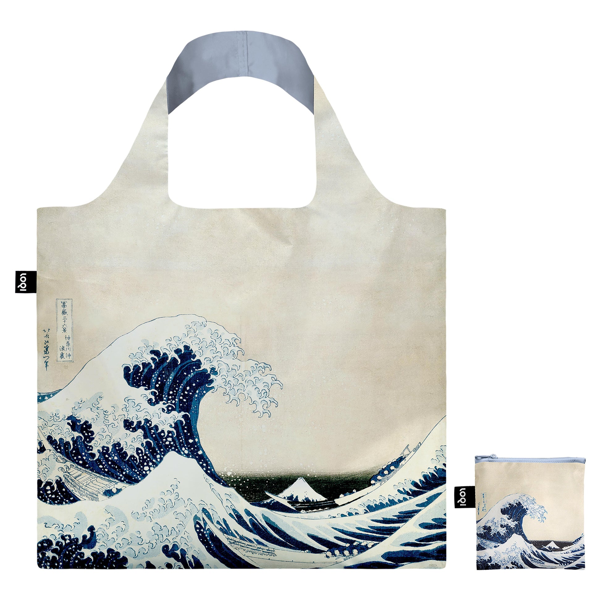 A shopping touch with illustration of a great wave . At its side is a smaller pouch with same diagram, on a white background.
