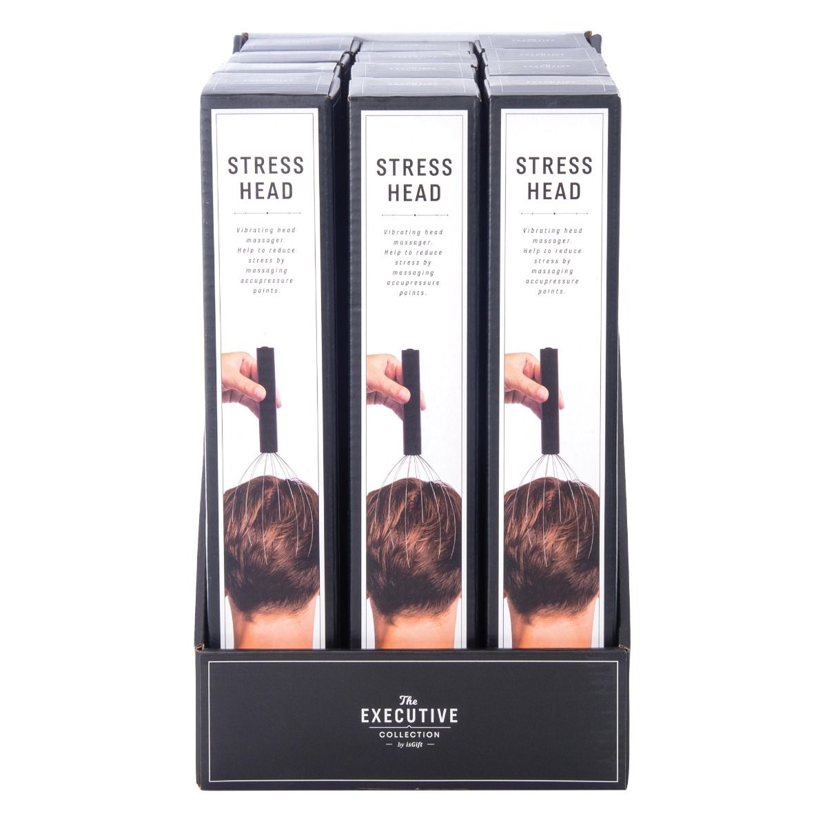 Display of 'Stress Head' products with packaging showing a hand holding hair and text.
