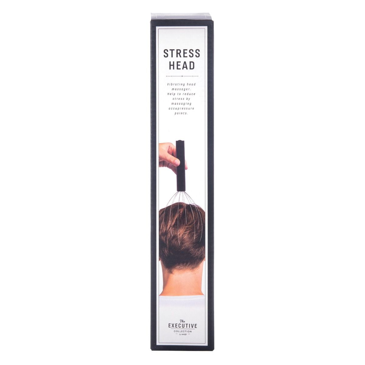 Box for a product called 'Stress Head' with an illustration of a hand using a tool on hair.
