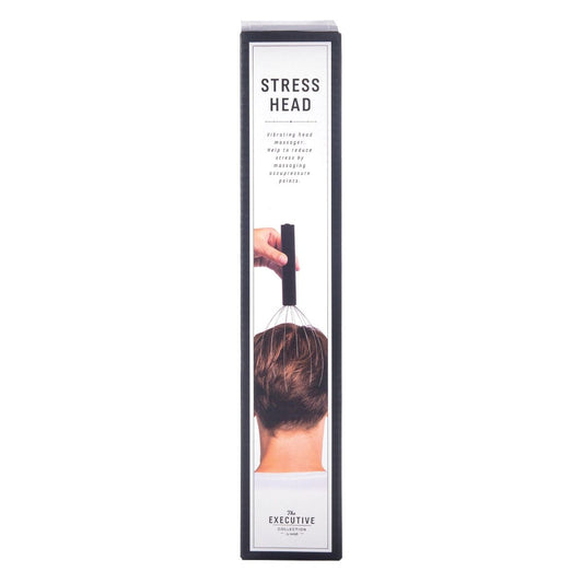 Box for a product called 'Stress Head' with an illustration of a hand using a tool on hair.