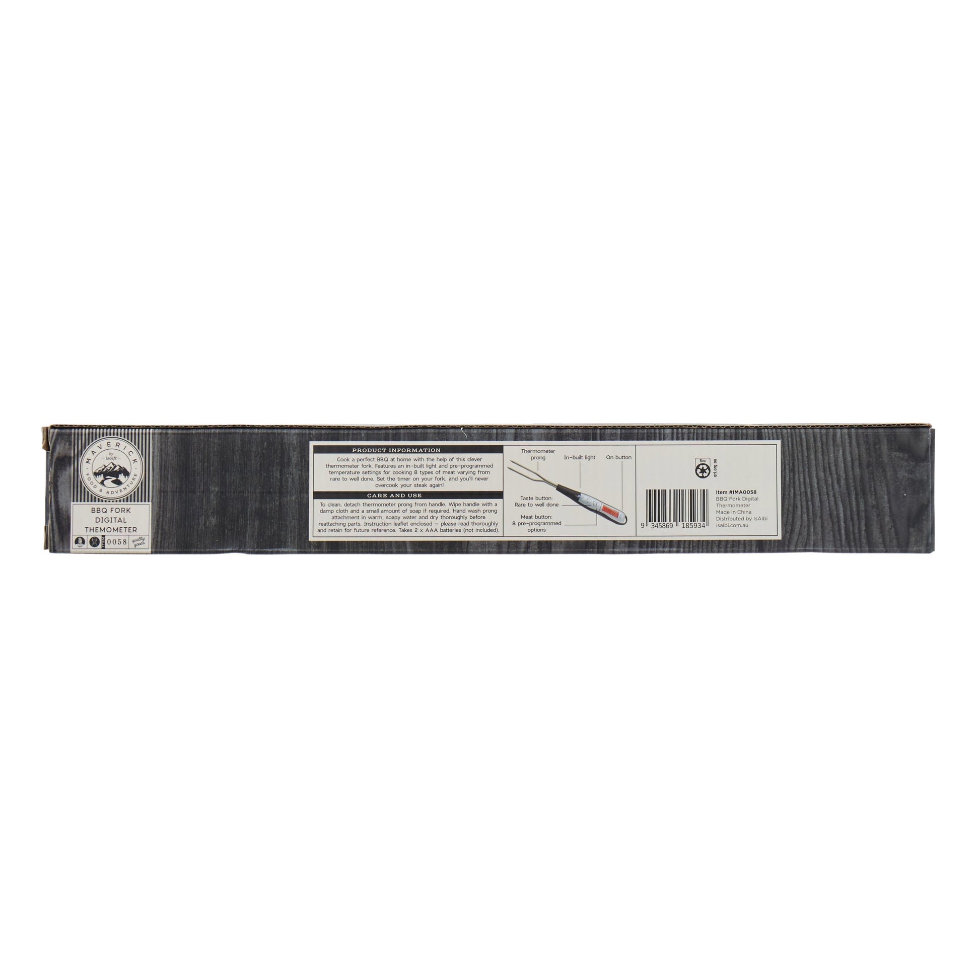 Long, narrow black package with labels on a white background