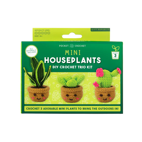 Packaging of a DIY crochet mini houseplants kit with illustrations of crocheted plants on a white background.