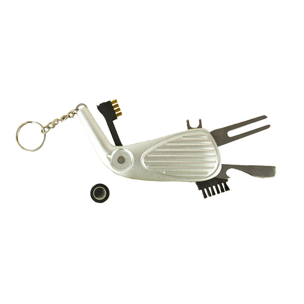 Multifunctional tool with keychain attachment on a white background
