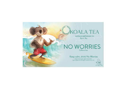 koala Tea packaging with a cartoon koala on a surfboard and 'No Worries' text.
