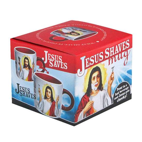 Box of a novelty mug with images of Jesus and text 'Jesus Shaves' and 'Jesus Saves'.