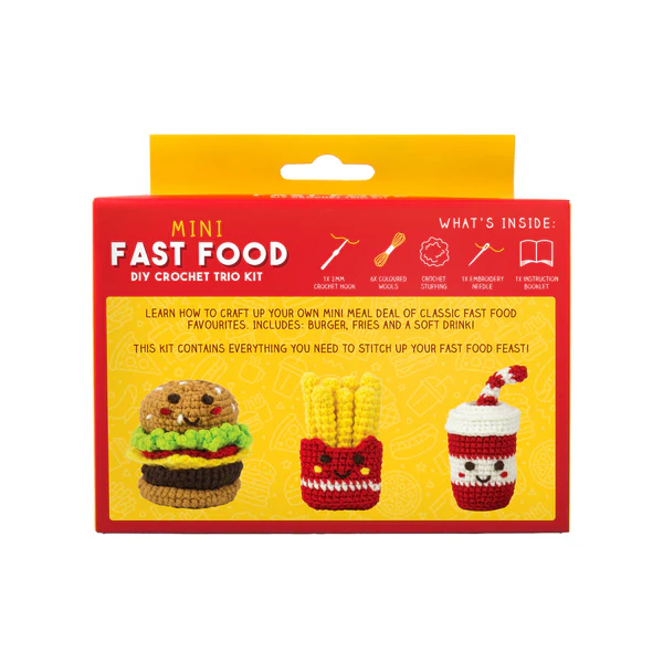 Mini fast food DIY crochet trio kit packaging with illustrations of a burger, fries, and drink.