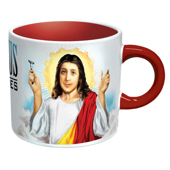 Mug with a religious figure design on a white background