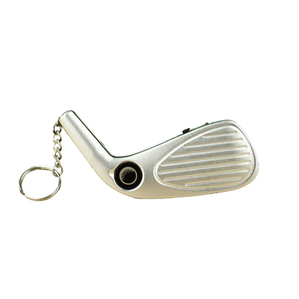 Metallic golf club head keychain on a white background
