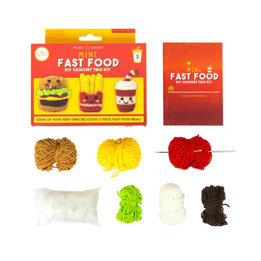 Mini fast food crochet kit with yarn and hooks on a white background
