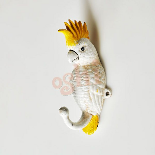 Decorative parrot wall hook with yellow crest on a white background