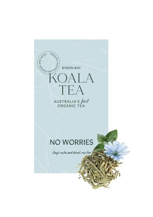 Koala Tea package with tea leaves and flowers on a white background