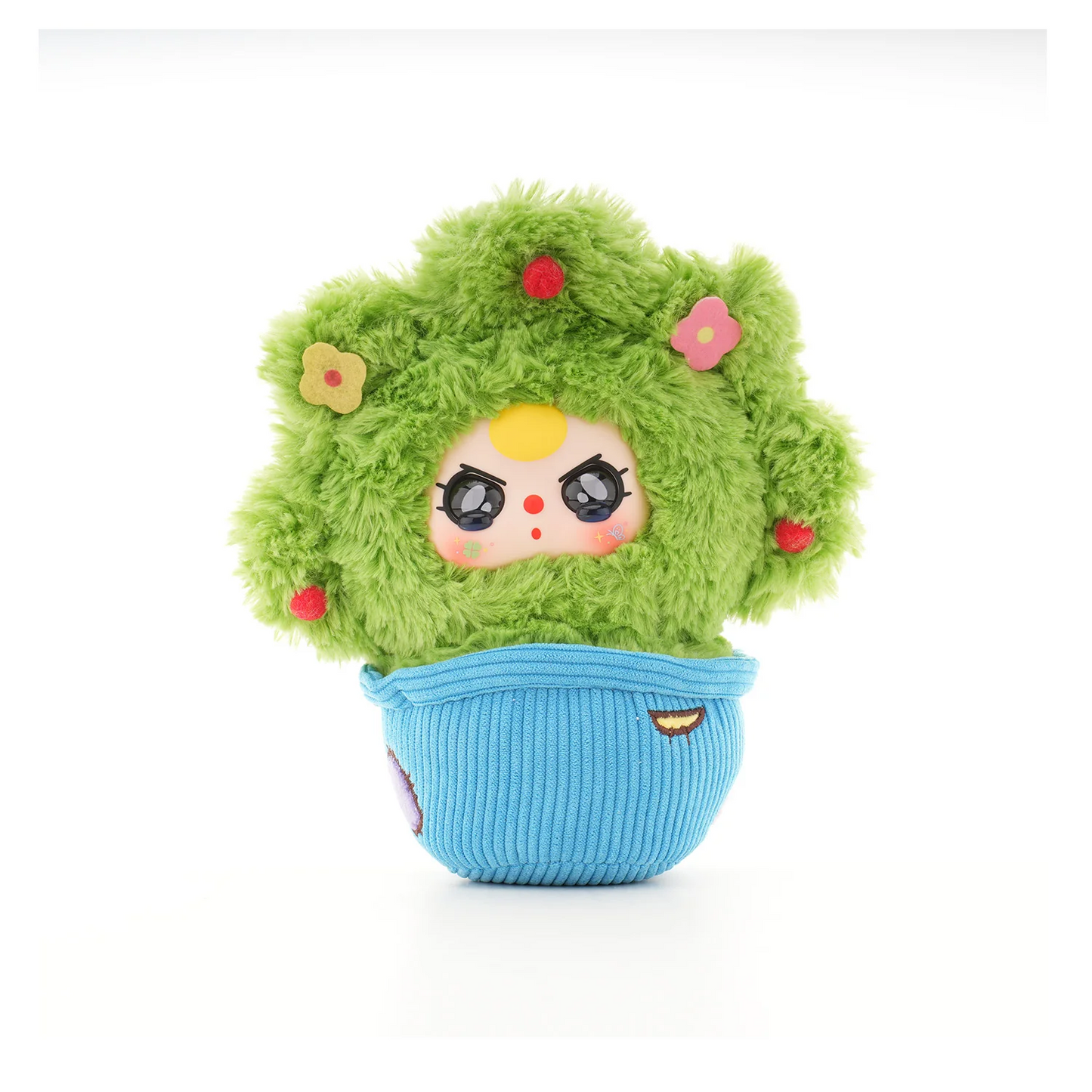 Plush toy with green fuzzy head and blue base on a white background