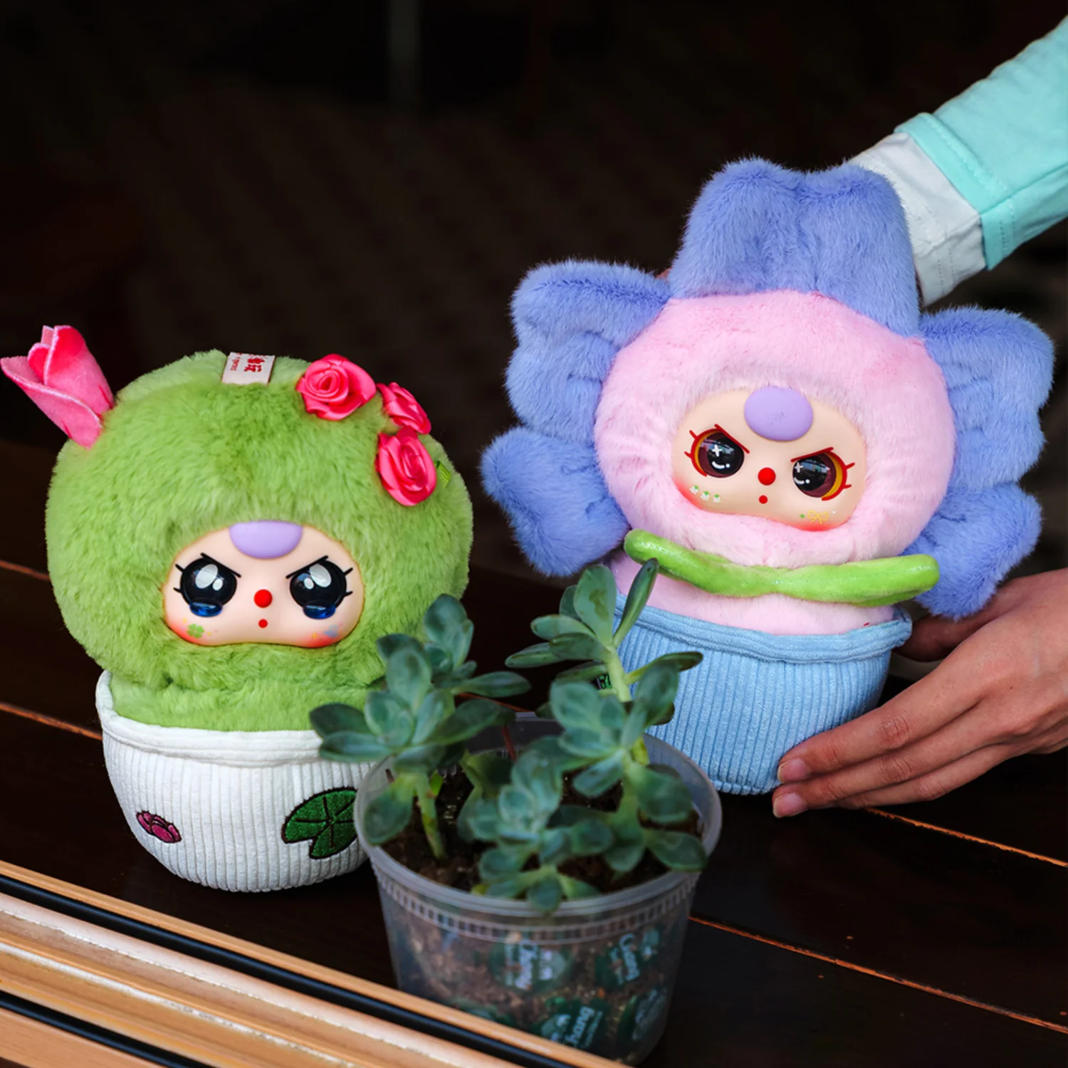 Two plush toys resembling flowers with a potted plant on a dark surface.