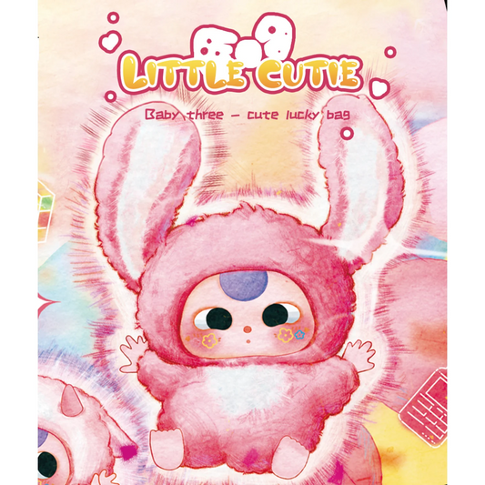 Cute pink character in a bunny costume with 'Little Cutie' branding on a colorful background