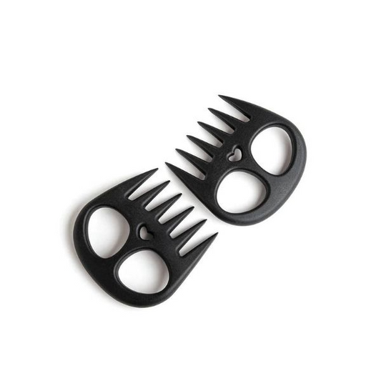 A set of black meat muncher separators on a white background.
