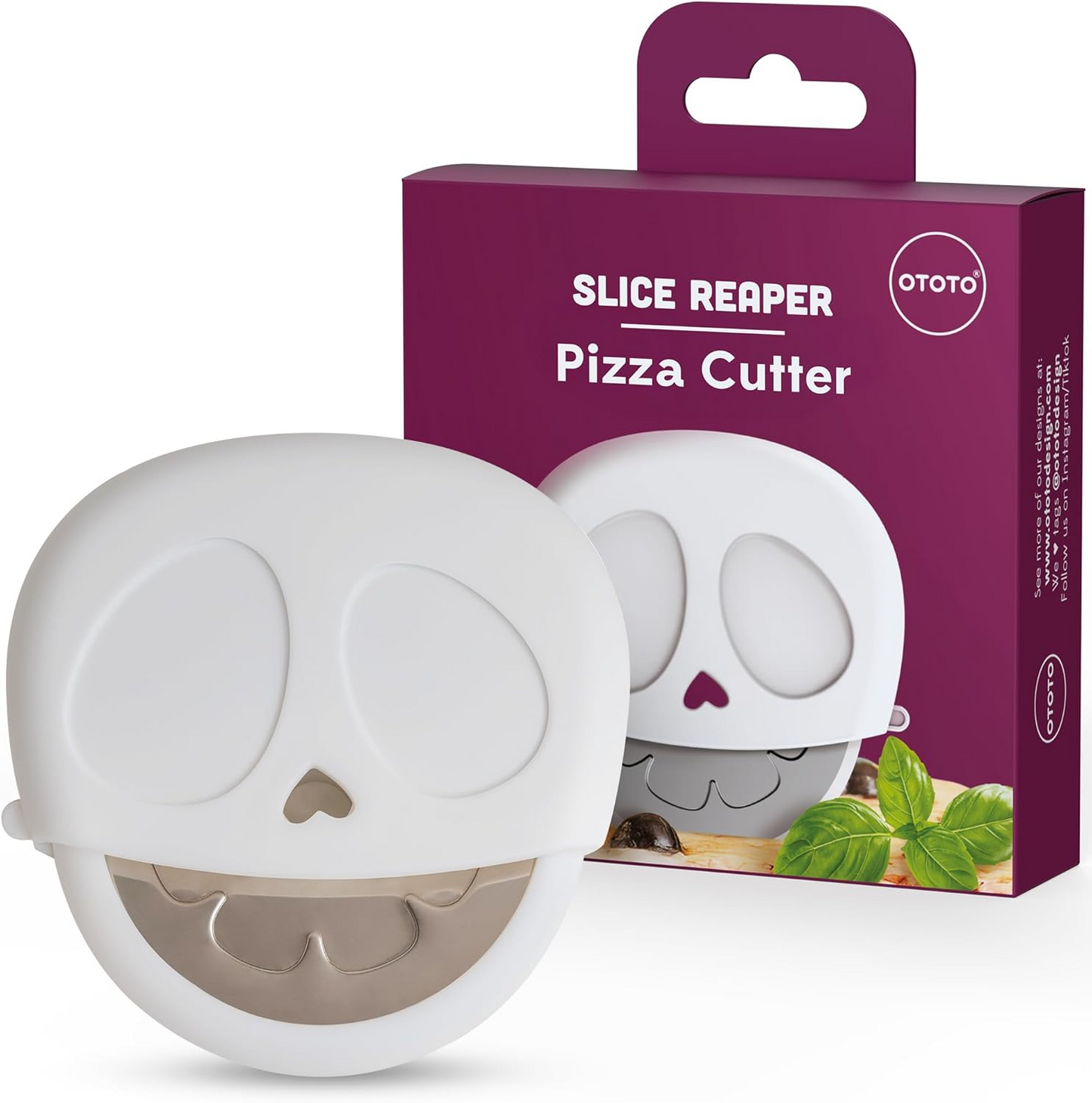 skull shaped pizza cutter wheel with its purple packaging on a white background.