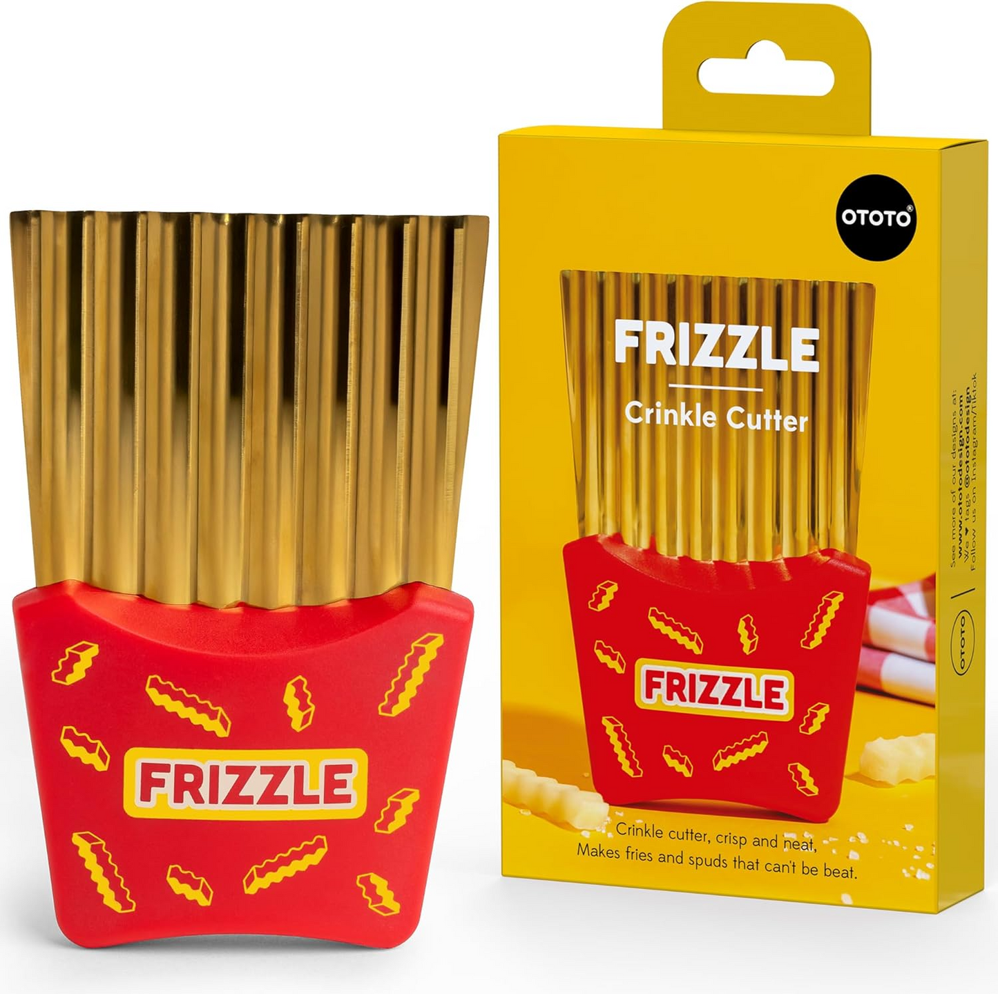 Frizzle crinkle cutter with its yellow packaging on a white background.