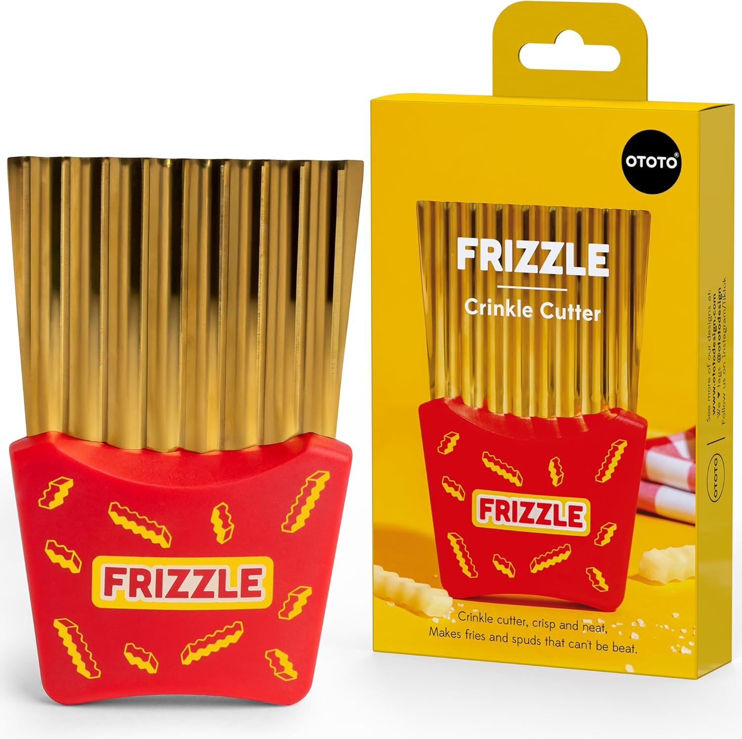 Frizzle crinkle cutter with its yellow packaging on a white background.