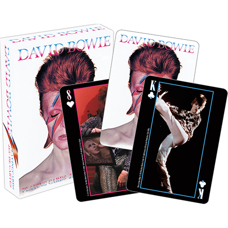 Playing cards with David Bowie images on a white background
