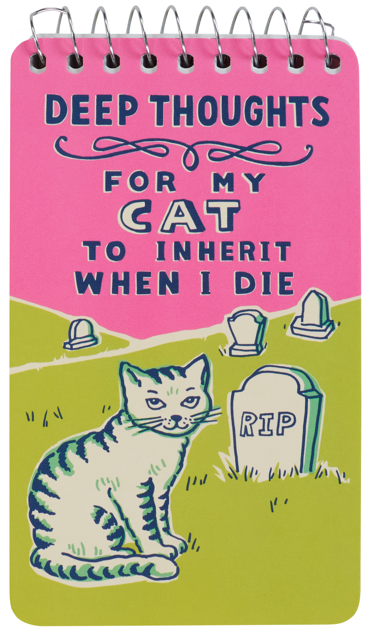 A pink and green scene depicting a cartoon cat and text that reads: Deep thoughts for my cat to inherit when I die