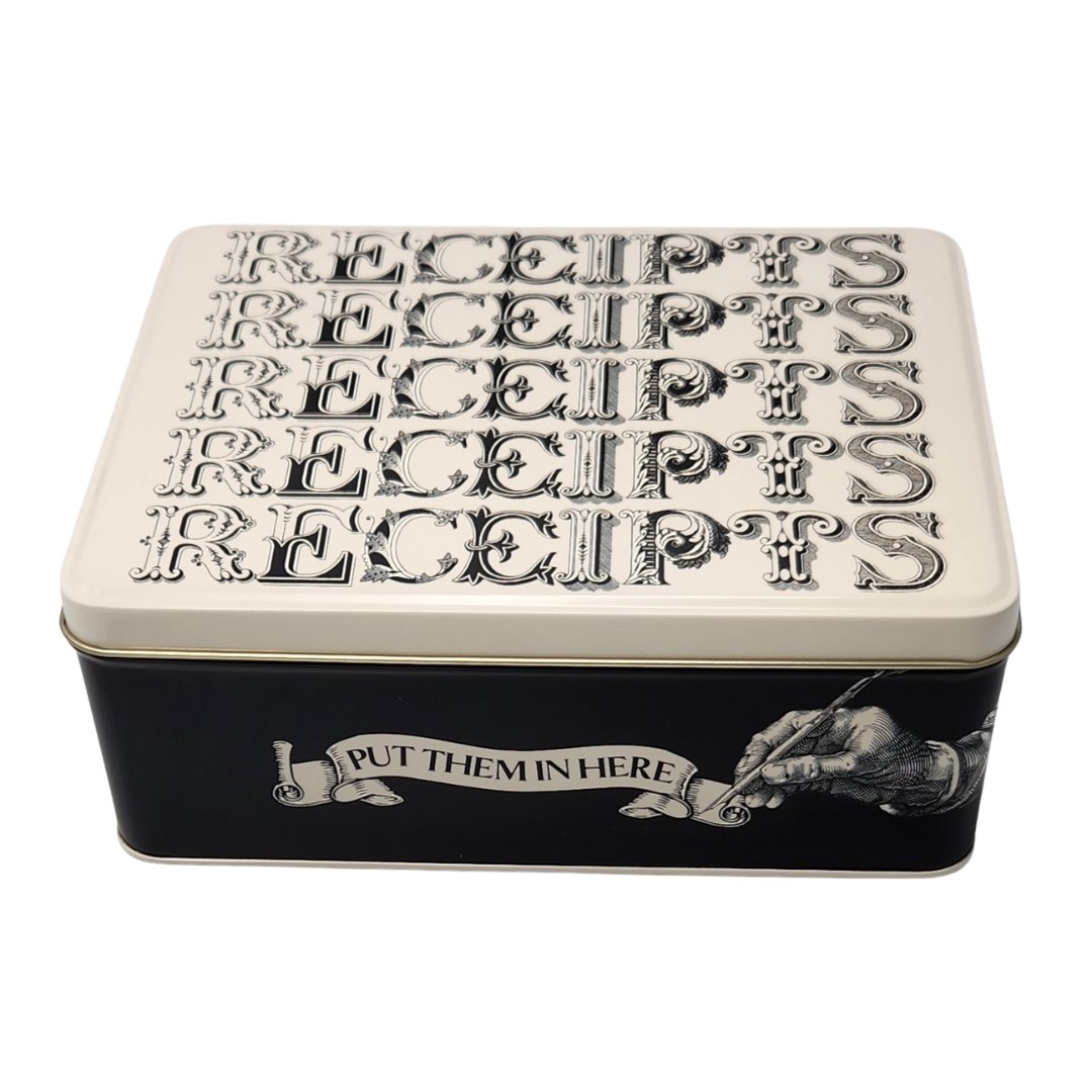 Biscuit tin featuring text that reads: Receipts, put them in here on a white background