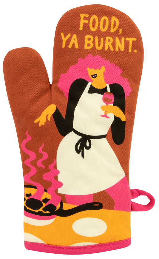 Oven mitt with cartoon character and 'Food, Ya Burnt.' text on a white background