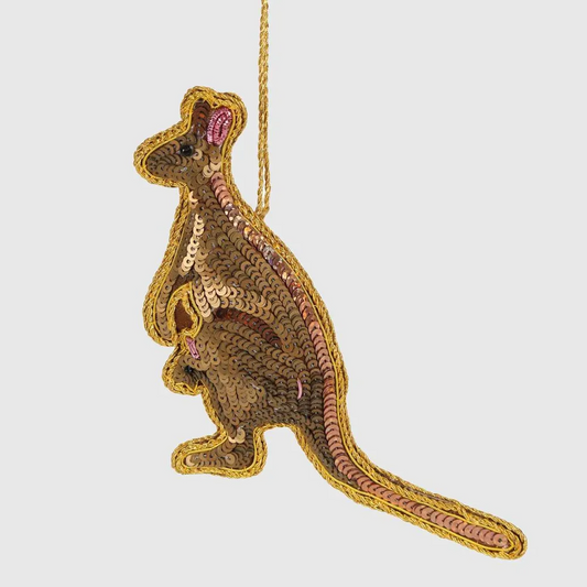 Decorative  sequins kangaroo ornament with a gold outline on a light gray background