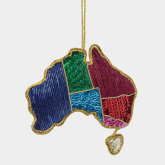 Colorful Australia-shaped ornament  embroidered with sequins on a white background