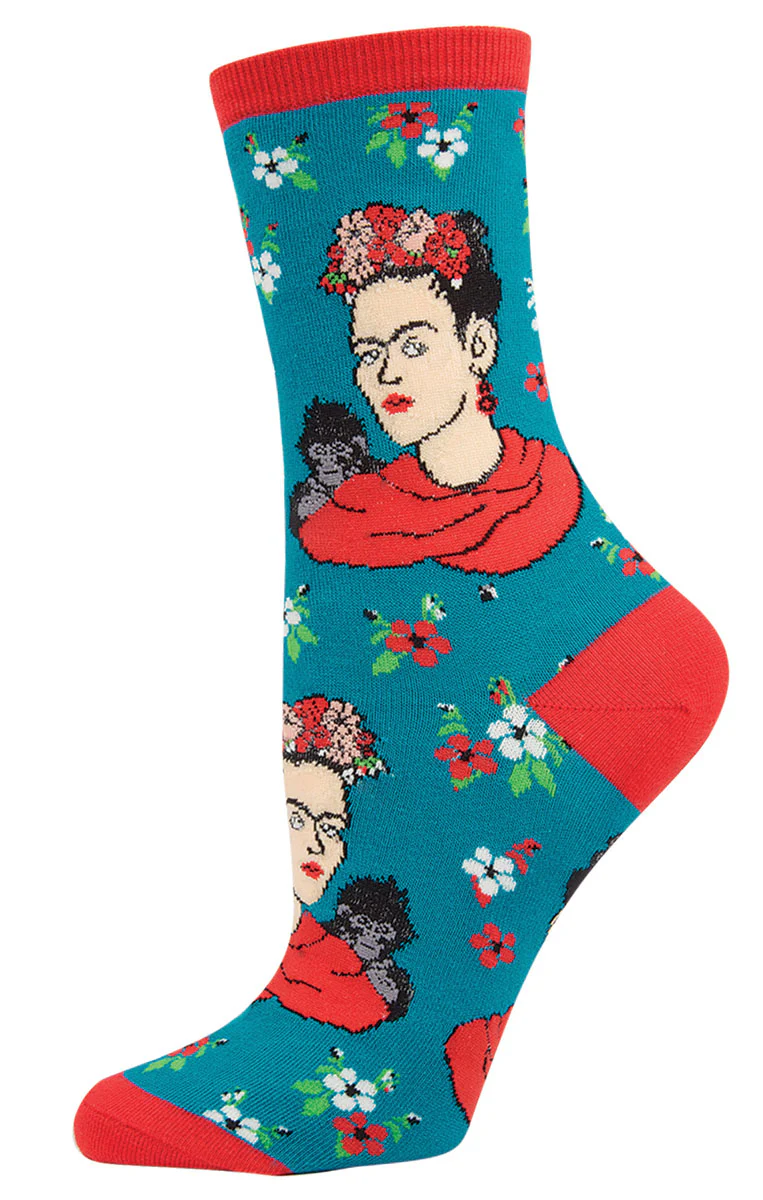 Frida Kahlo-themed sock with floral designs on a blue background