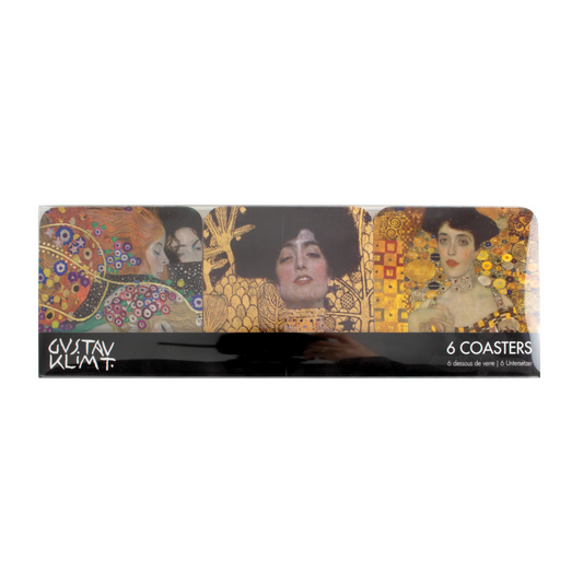 Pack of Gustav Klimt coasters with artistic design on a white background
