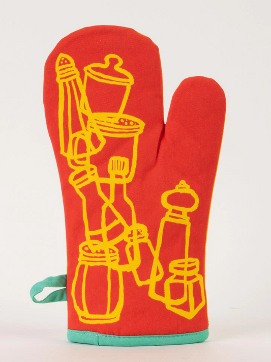 Red oven mitt with yellow graphic design on a white background