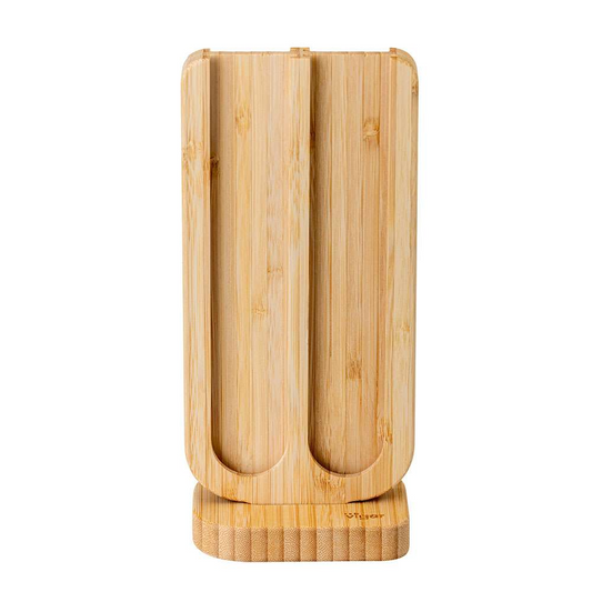 Bamboo coffee pods storage with slots on a white background