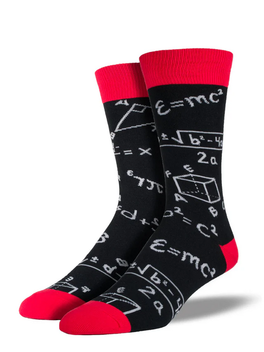 Black socks with mathematical equations and red accents on a white background