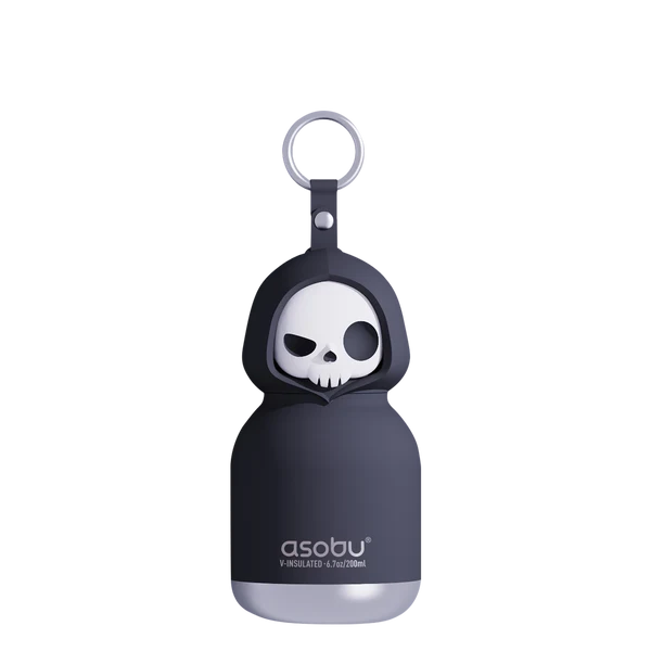 A black mini drink bottle in the shape of skeleton with a hanging loop