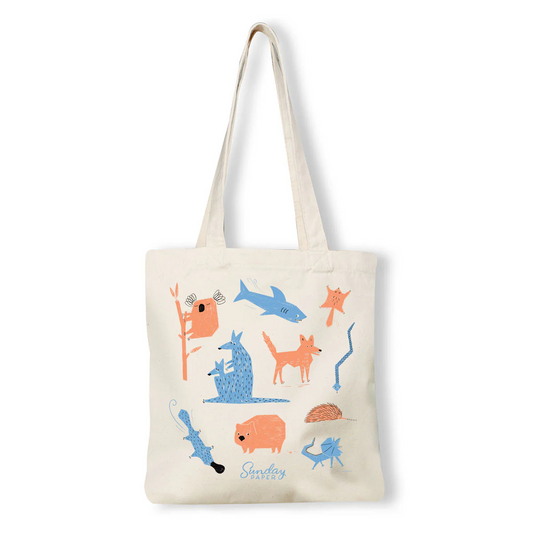 Tote bag (Cotton) with colorful native Australian animal illustrations on a white background