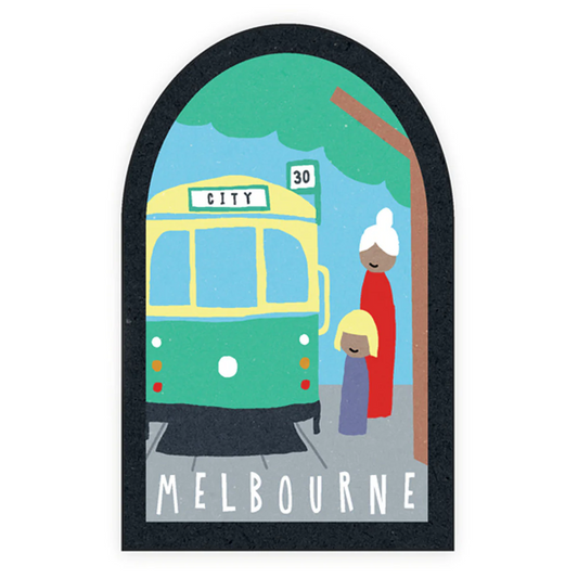 Illustration of a tram and people at a tram stop with 'Melbourne' text.