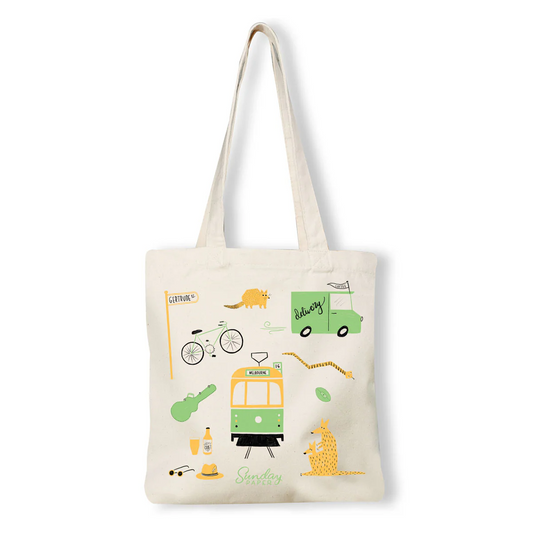 Tote bag with colorful Melbourne icons illustrations on a white background