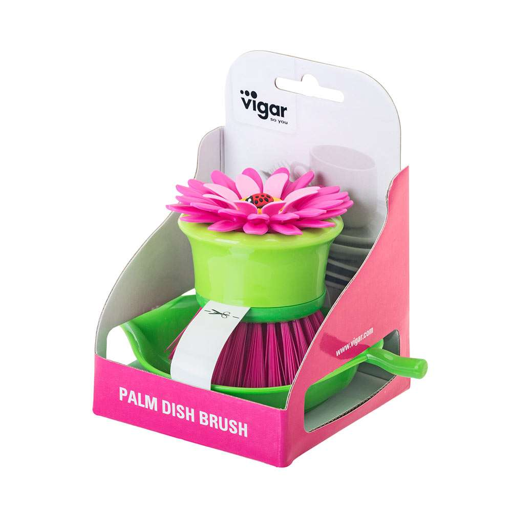 Vigar palm dish brush with pink flower design in packaging on a white background