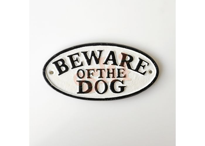 Decorative sign with 'Beware of the Dog' text on a white background