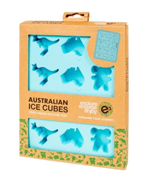 Silicone ice cube tray with Australian-themed shapes in packaging
